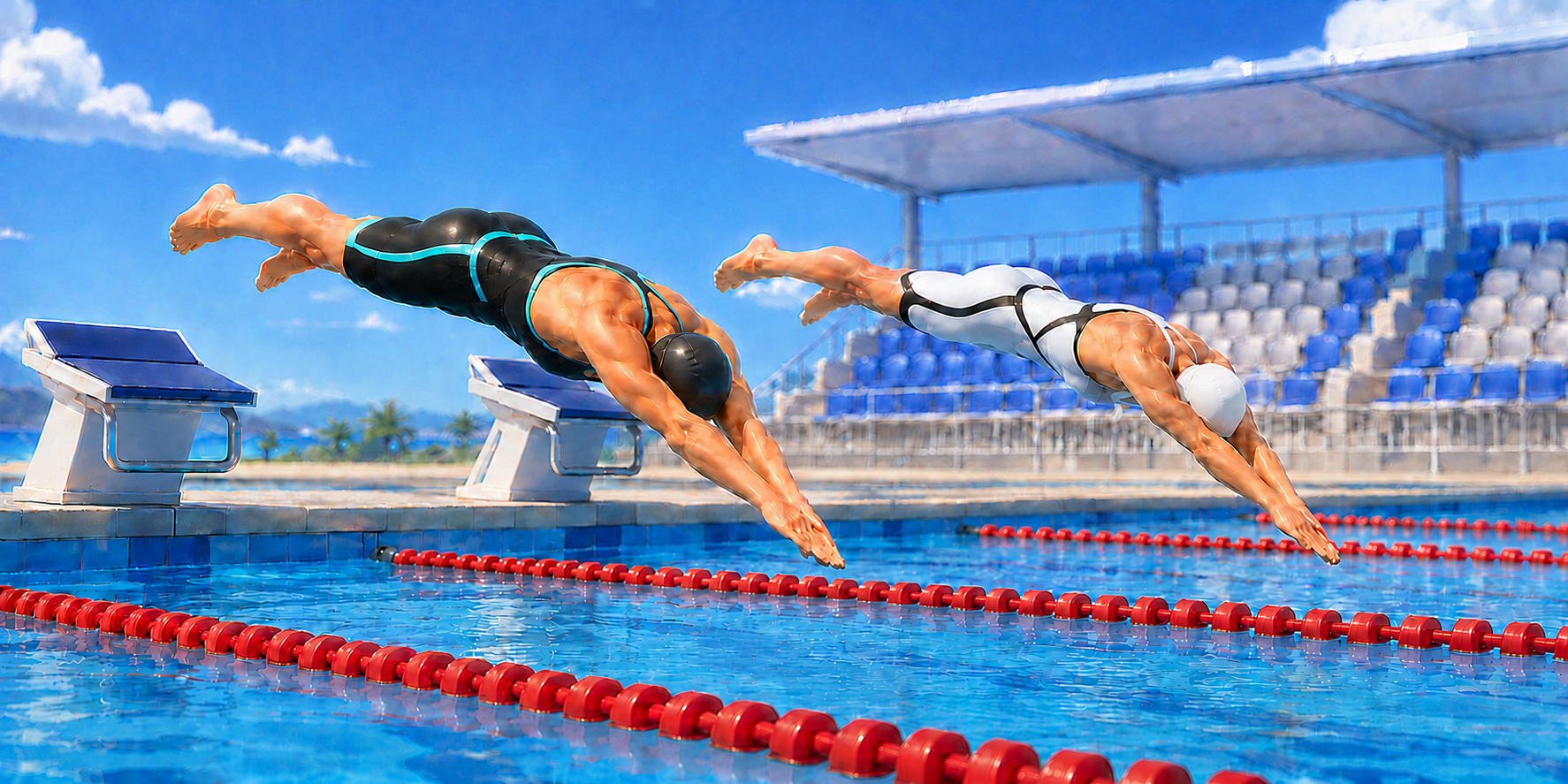 3D swimmers diving in